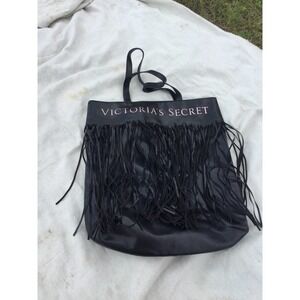 17” Black Victoria’s Secret bag tote fringe branded logo gym beach biker goth